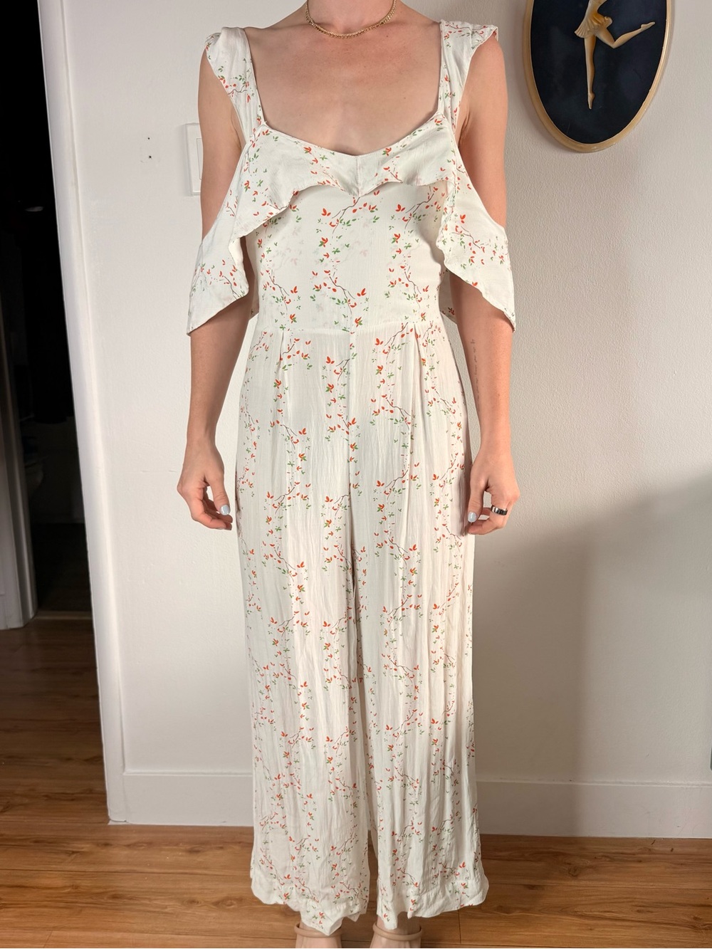 Off-Shoulder Floral Jumpsuit in White - Picture 2 of 5
